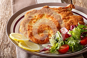 Veal milanese cotoletta alla milanese with lemon and fresh veg photo