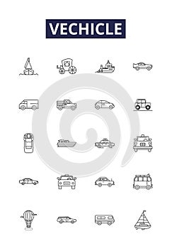 Vechicle line vector icons and signs. Truck, Bus, Motorcycle, Jeep, Scooter, Bicycle, Van, SUV outline vector