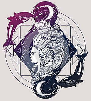 Vecor illustration of woman head with beautiful hairstyle with ship and waves.