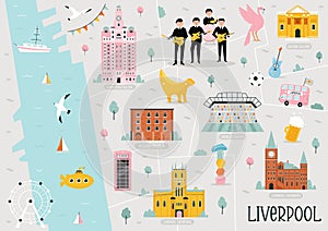 Vecror illustration of Liverpool map with famous symbols, hotspots, travel destinations. Cityscape with colorful icons photo