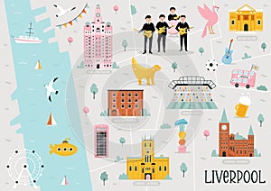 Vecror illustration of Liverpool map with famous symbols, hotspots, travel destinations. Cityscape with colorful icons