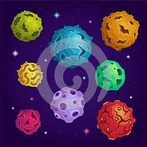 Vecrot cartoon asteroids in open space in flat style