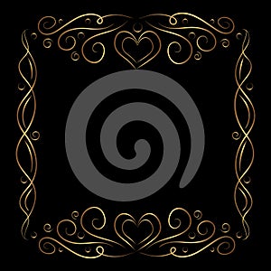 Vecrot ornate gold frame with hearts. Fancy golden border for design, social media banner, card