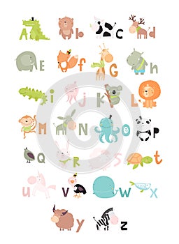 Vecto alphabet with animals. poster. shark, squirrel, camel, goose, dinosaur, duck, mouse, bear, crocodile, elephant, octopus, fis photo