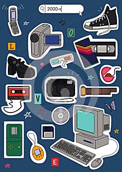 Vector 2000s and y2k trendy stickers set