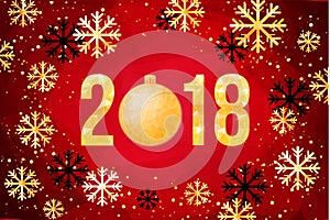 Vector 2018 Happy New Year card. Golden numbers with confetti on black background.