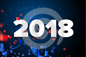 Vector 2018 Happy New Year red, blue and white illustration with ribbons and confetti on black background.