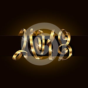 Vector 2018 New Year background. 2018 lettering typography using golden gift ribbon or serpentine curls