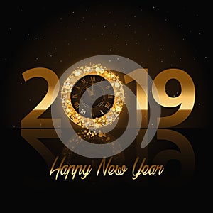 Vector 2019 Happy New Year background with gold clock