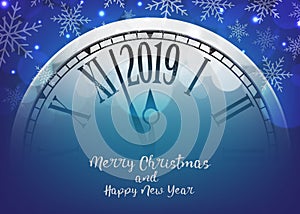 Vector 2019 Happy New Year with retro clock on snowflakes blue b