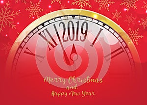 Vector 2019 Happy New Year with retro clock on snowflakes red ba