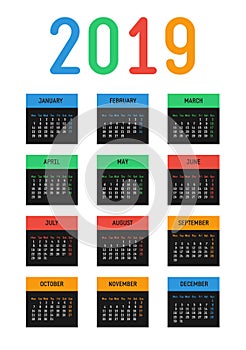 Vector 2019 new year calendar. Bright contrast design. The week starts on Monday.