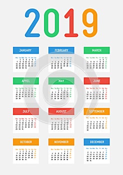 Vector 2019 new year calendar. Bright contrast design. The week starts on Monday.