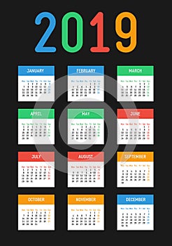 Vector 2019 new year calendar. Bright contrast design. The week starts on Monday.