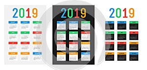 Vector 2019 new year calendar. Bright contrast design. The week starts on Monday.