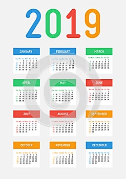 Vector 2019 new year calendar. Bright contrast design. The week starts on Sunday.