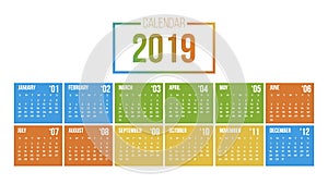 Vector of 2019 new year calendar in clean minimal table simple in four season colors,Holiday event planner,Week Starts Sunday.