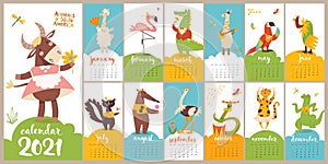 Vector 2021 calendar with funny cartoon wild animals