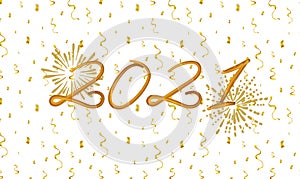 Vector 2021 New Year Calligraphic Brush Handwritten Illustration, Confetti Falling, Golden Greeting Card.