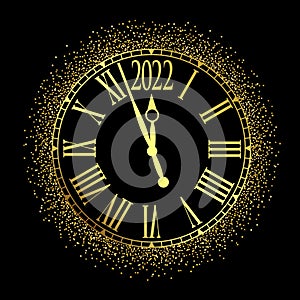 Vector 2022  Happy New Year gold glitter classic clock on black background