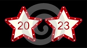 Vector 2023 christmas retro circus billboard frame with electric bright glowing lamps. Light bulbs two stars shape figures