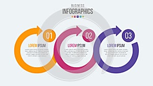 Vector 3 steps timeline infographic template with circular arrow