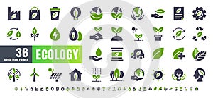 Vector of 36 Ecology and Green Energy Power Bicolor Solid Glyph Icon Set. 48x48 and 192x192 Pixel Perfect