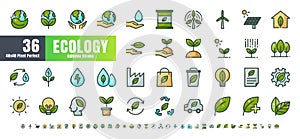 Vector of 36 Ecology and Green Energy Power Filled Color Line Outline Icon Set. 48x48 and 192x192 Pixel Perfect Editable Stroke
