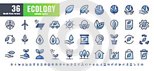 Vector of 36 Ecology and Green Energy Power Filled Monochrome Flat Color Line Outline Icon Set. 48x48 and 192x192 Pixel Perfect