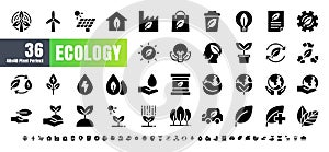 Vector of 36 Ecology and Green Energy Power Solid Glyph Icon Set. 48x48 and 192x192 Pixel Perfect