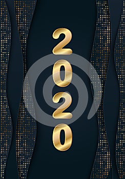 Vector 3d 2020 golden text. Chic Merry Christmas and Happy New Year Paper cut art banner on dark cover. Shiny layout for