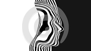 Vector 3D abstract human head made of black and white stripes. Monochrome ripple surface illustration. Head profile