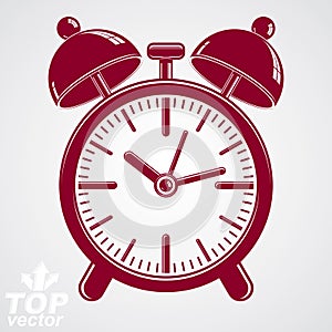 Vector 3d alarm clock with two symmetric bells, wake up conceptual icon. Graphic design element â€“ get up theme. Red retro timer