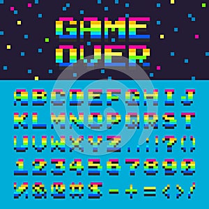 Vector 3d alphabet space rainbow oldschool font numbers digital graphic game over text illustration