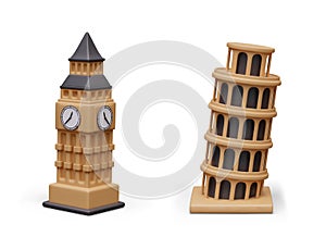 Vector 3D Big Ben, Leaning Tower of Pisa. Famous towers of different countries