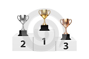 Vector 3d Blank Golden, Silver and Bronze Champion Cup on Winner Podium Closeup Isolated. Design Template of