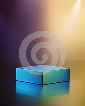 Vector 3d blue cube rendering podium with digital yellow purple blank wall. Minimal abstract background geometric shape cyan