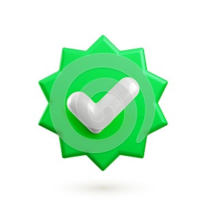 Vector 3d Check mark realistic icon. Trendy plastic green round starburst badge with checkmark, approved icon on white