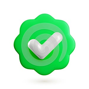 Vector 3d Check mark realistic icon. Trendy plastic green round wavy badge with checkmark, approved icon on white
