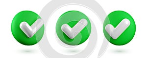 Vector 3d Checkmark realistic icons set. Trendy glossy plastic green check mark buttons collection in different angles