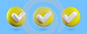 Vector 3d Checkmark realistic icons set. Trendy glossy plastic yellow check mark buttons collection in different angles