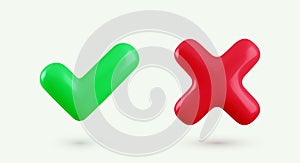 Vector 3d checkmarks icon set. Glossy yes tick and no cross buttons. Green plastic check mark and red X symbol realistic