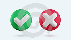 Vector 3d checkmarks icon set. Round glossy yes tick and no cross buttons with shadow. Check mark and X symbol in green