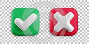 Vector 3d checkmarks icon set. Square glossy yes tick and no cross buttons on transparent background. Check mark and X