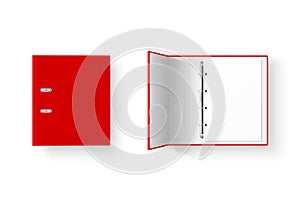 Vector 3d Closed and Opened Realistic Red Blank, Empty Office Binder Set with Metal Rings for A4 Paper Sheet Closeup