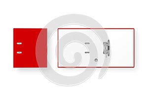 Vector 3d Closed and Opened Realistic Red Blank Office Binder with Metal Rings with A4 Paper Sheet Closeup Isolated on