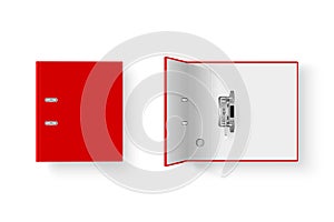 Vector 3d Closed and Opened Realistic Red Blank Office Binder Set with Metal Rings for A4 Paper Sheet Closeup Isolated