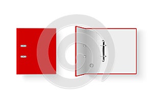 Vector 3d Closed and Opened Realistic Red Blank Office Binder Set with Metal Rings for A4 Paper Sheet Closeup Isolated