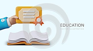 Vector 3D concept of successful learning. Advertisement of college, school, academy, online courses