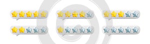 Vector 3d feedback bubbles set. Star rating system from 0 to 5 stars. Customer review gold and silver stars. One, two